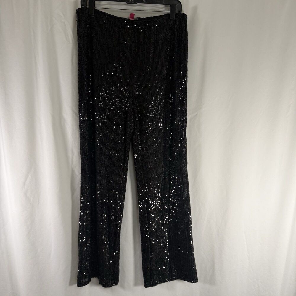 Vince Camuto Sequin Pants Women's Medium Black Straight Leg Pull On Elastic Wais